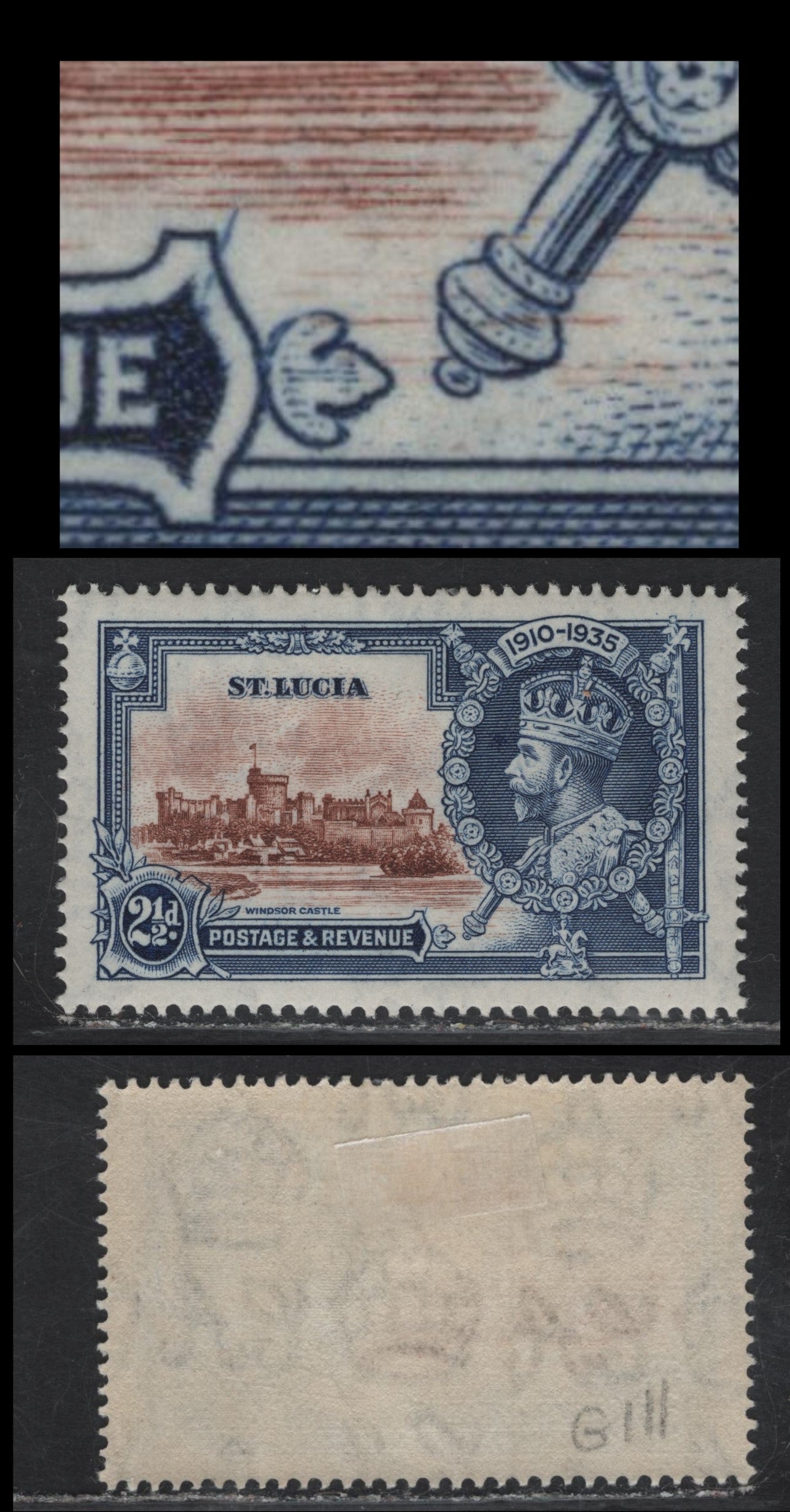 Lot 115 St. Lucia SG#111var 2.5d Brown & Deep Dull Blue KGV & Windsor Castle, 1935 Silver Jubilee Issue, A VFOG Single, Diagonal Slash From UR Corner Of Postage & Revenue Panel, Possibly Constant