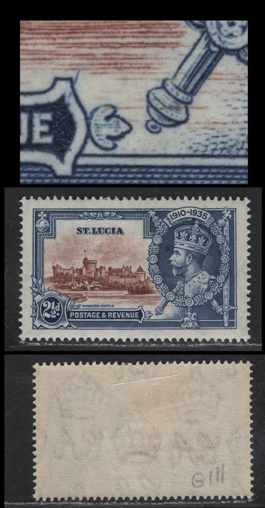 Lot 115 St. Lucia SG#111var 2.5d Brown & Deep Dull Blue KGV & Windsor Castle, 1935 Silver Jubilee Issue, A VFOG Single, Diagonal Slash From UR Corner Of Postage & Revenue Panel, Possibly Constant