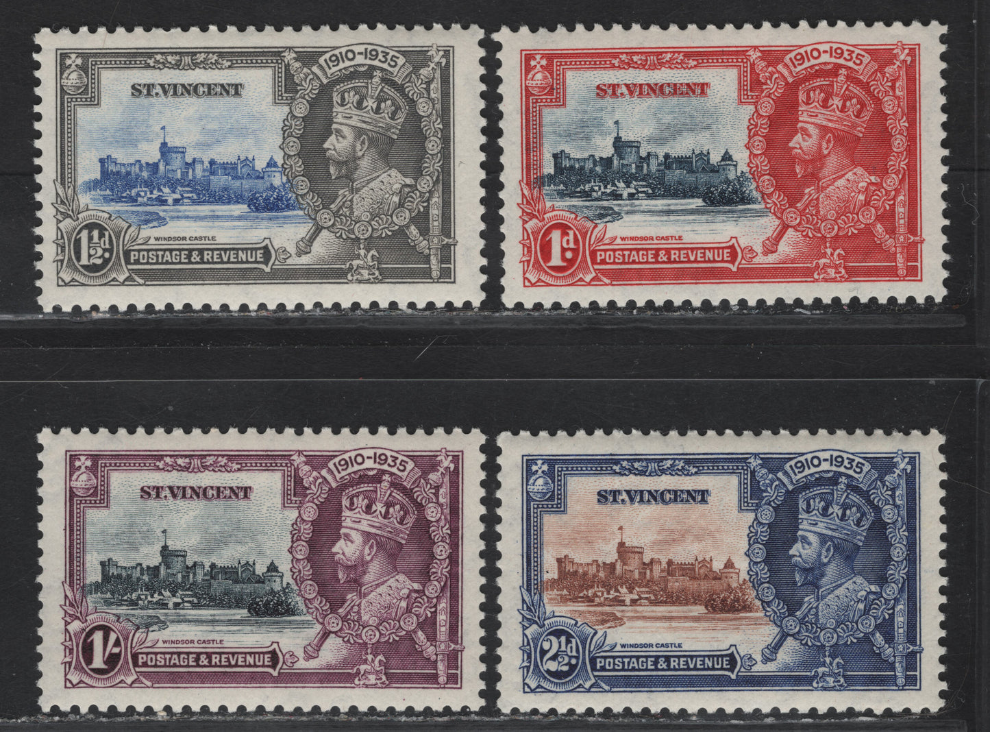 Lot 117 St Vincent SG#142-145 1d - 1/- Deep Blue & Scarlet - Slate & Purple KGV & Windsor Castle, 1935 Silver Jubilee Issue, 4 VFOG Singles