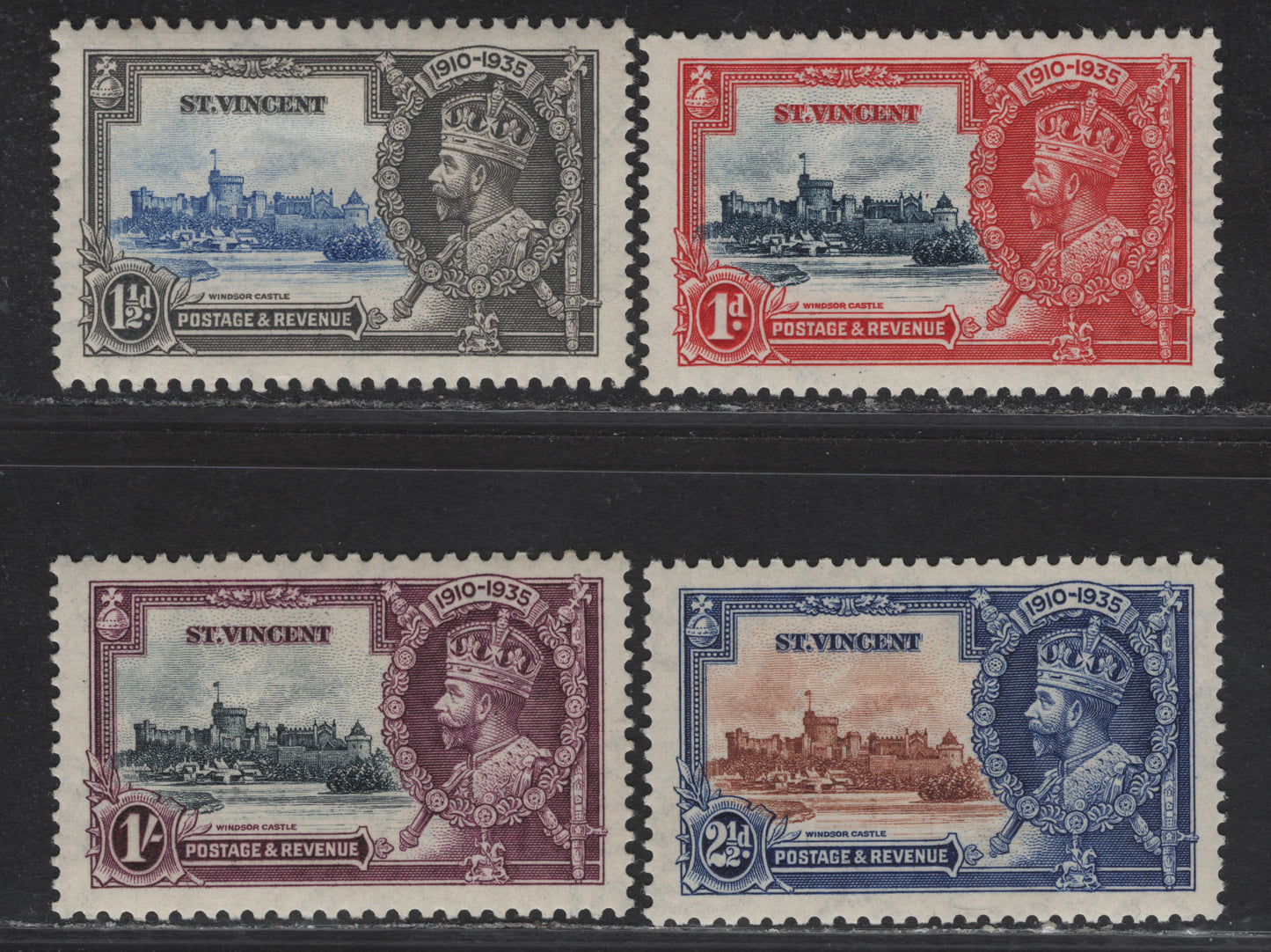 St Vincent SG#142-145 1d - 1/- Deep Blue & Scarlet - Slate & Purple KGV & Windsor Castle, 1935 Silver Jubilee Issue, 4 VFOG Singles