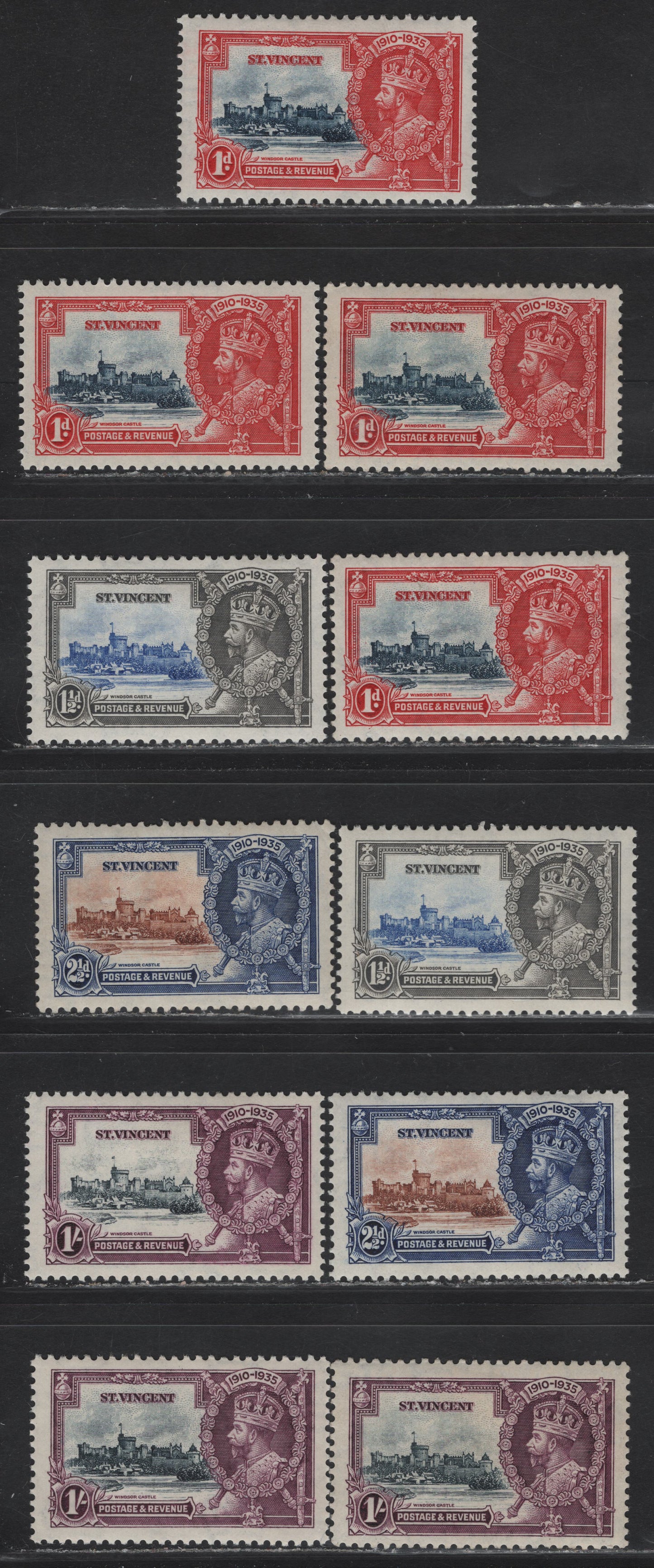 Lot 119 St Vincent SG#142-145 1d - 1/- Deep Blue & Scarlet - Slate & Purple KGV & Windsor Castle, 1935 Silver Jubilee Issue, 11 VFOG Singles, Shade Group Showing The Variations That Occur In Both The Frame & Vignette