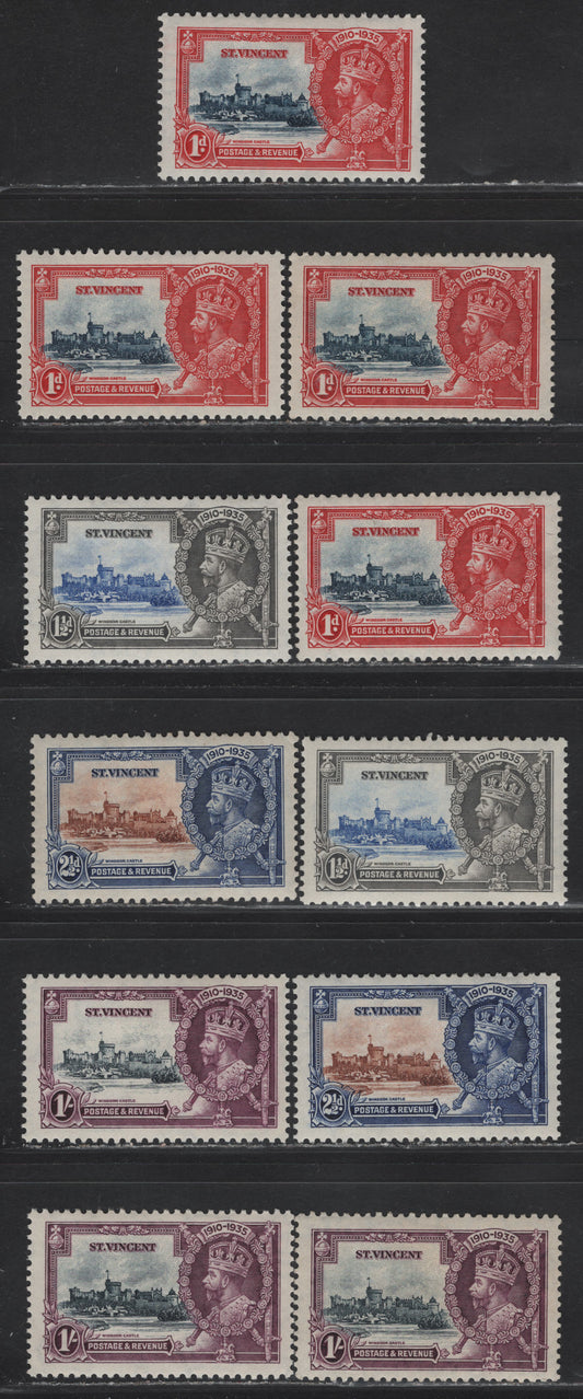 Lot 119 St Vincent SG#142-145 1d - 1/- Deep Blue & Scarlet - Slate & Purple KGV & Windsor Castle, 1935 Silver Jubilee Issue, 11 VFOG Singles, Shade Group Showing The Variations That Occur In Both The Frame & Vignette