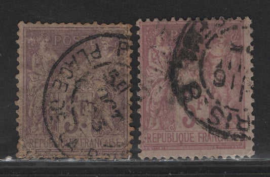 Lot 12 France #96, 96b 5fr Violet/Red Lilac On Lavender Peace & Commerce, 1877-1880 Peace & Commerce, 2 Very Good Used Singles, Type 2, Sound Used Examples, Moderate To Heavier Cancels, The Violet Shade Has A Pulled Perf.
