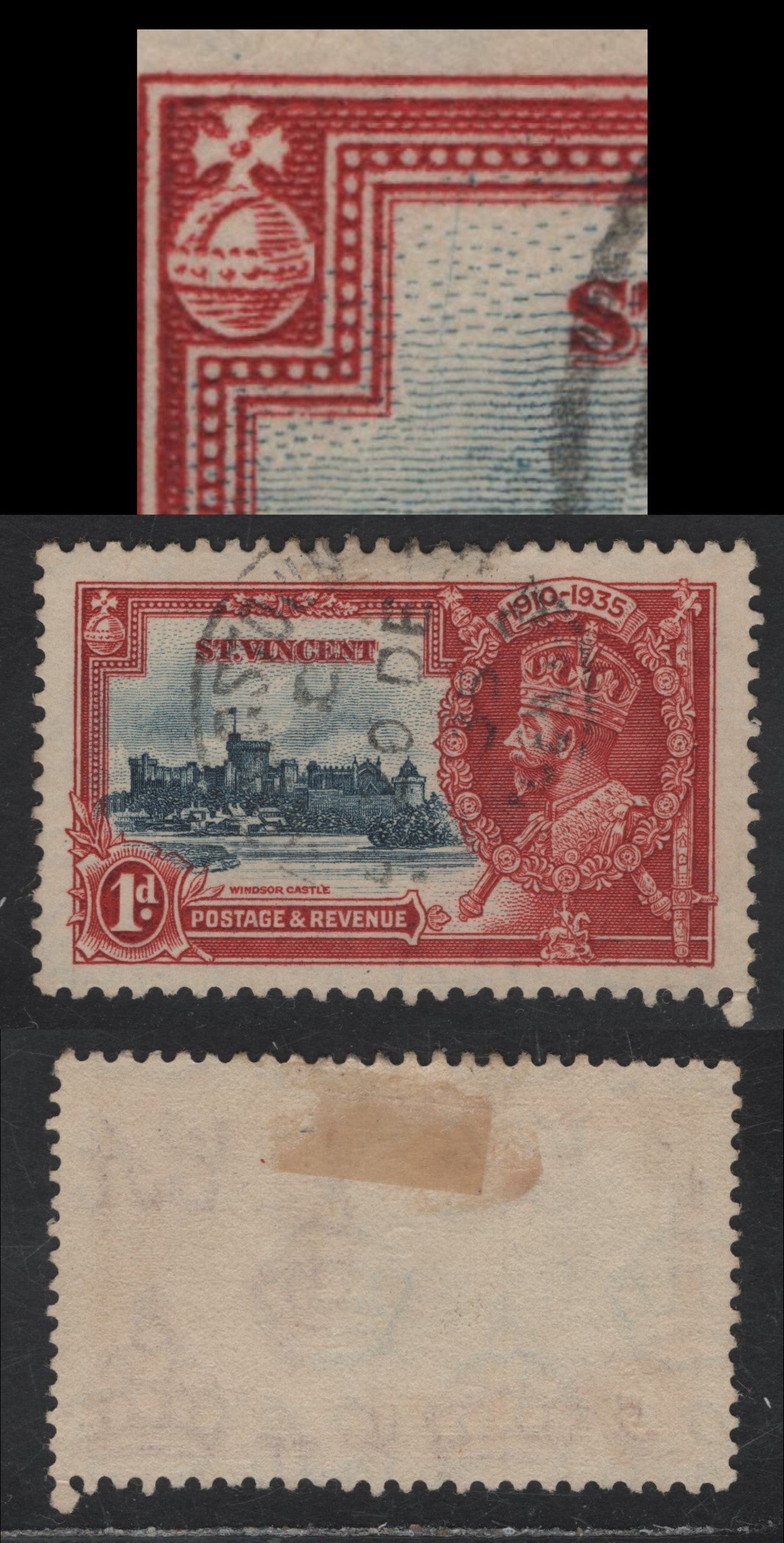 Lot 121 St Vincent SG#142var 1d Deep Blue & Deep Scarlet KGV & Windsor Castle, 1935 Silver Jubilee Issue, A Very Fine Used Singles, Showing Diagonal Scratch In Sky to Left Of 'St'