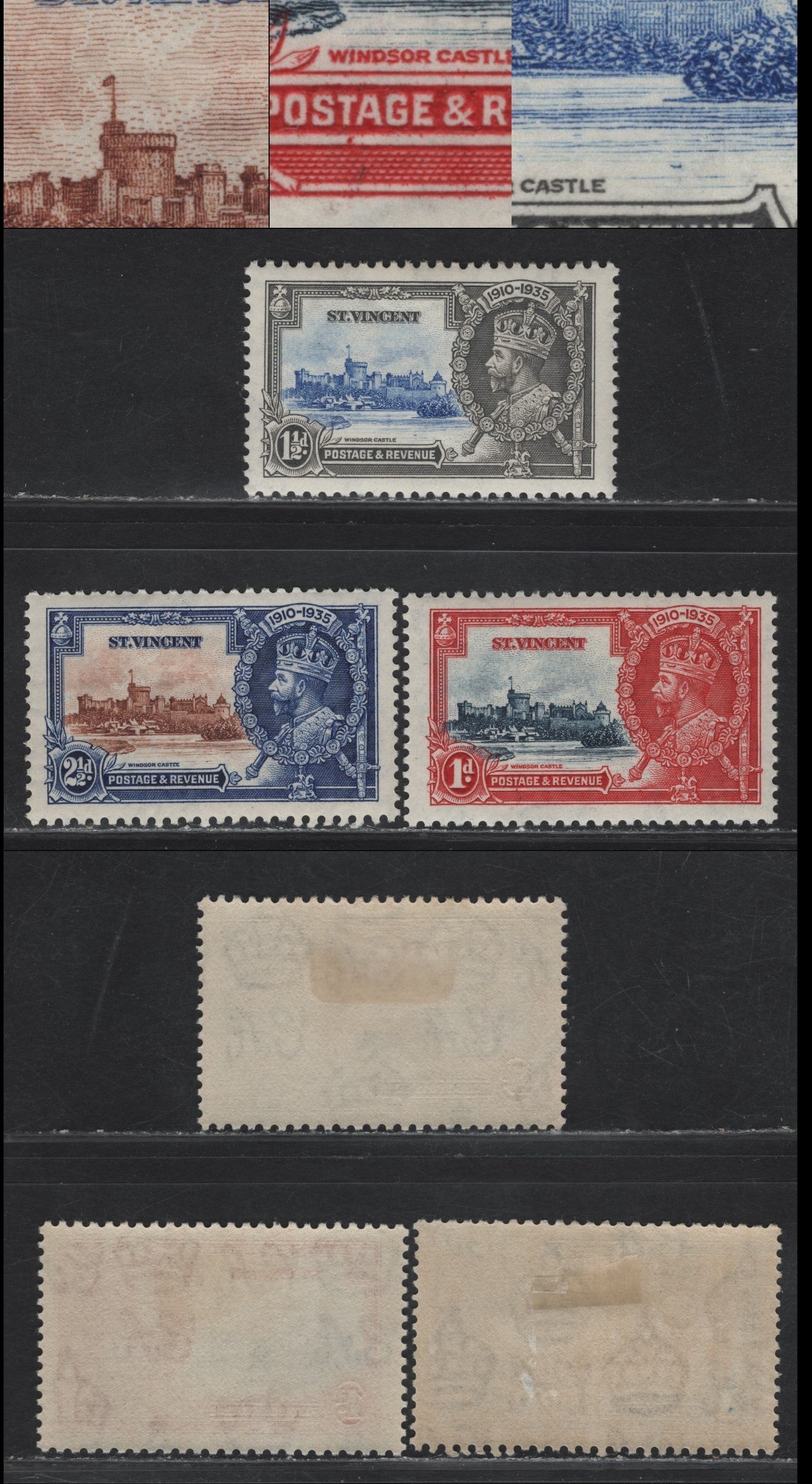Lot 122 St Vincent SG#142var - 144var 1d - 2.5d Deep Blue & Scarlet 0 Brown & Deep Blue KGV & Windsor Castle, 1935 Silver Jubilee Issue, 3 VFOG Singles, Frame & Vignette Flaws