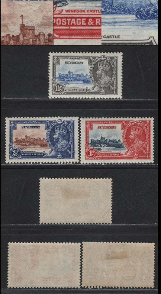 Lot 122 St Vincent SG#142var - 144var 1d - 2.5d Deep Blue & Scarlet 0 Brown & Deep Blue KGV & Windsor Castle, 1935 Silver Jubilee Issue, 3 VFOG Singles, Frame & Vignette Flaws