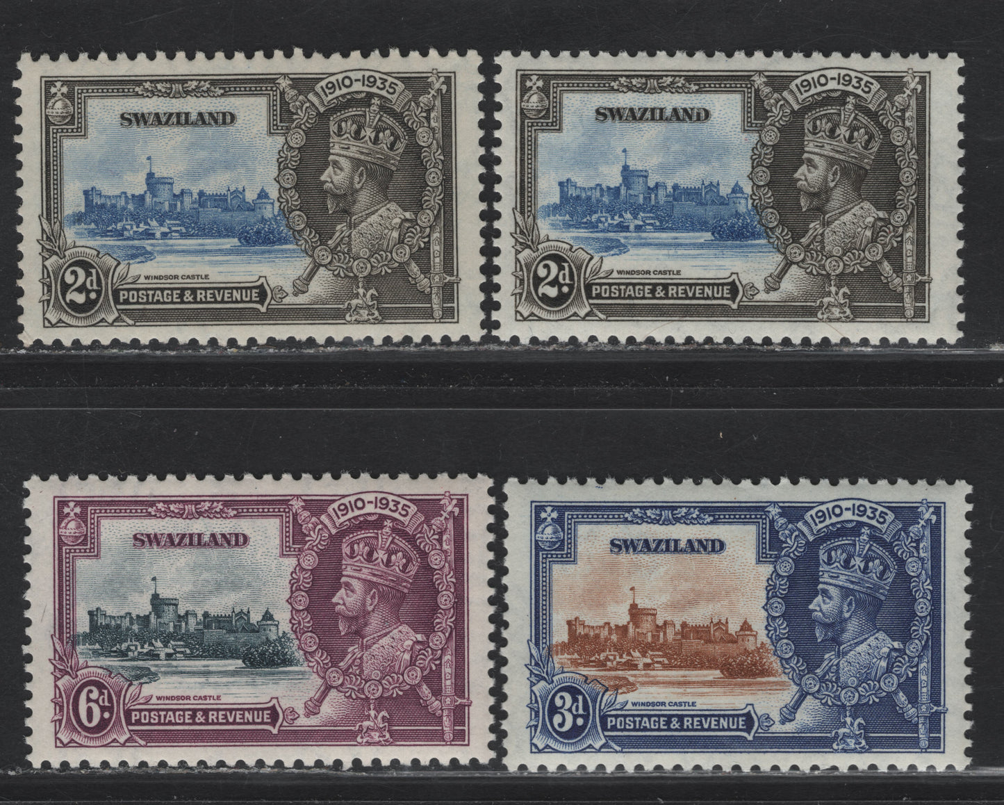 Lot 123 Swaziland SG#22-24 2d - 6d Ultramarine & Gray Black - Slate & Purple KGV & Windsor Castle, 1935 Silver Jubilee Issue, 4 VFNH Singles, NH Part Set With Two Shades Of Gray Black On 2d