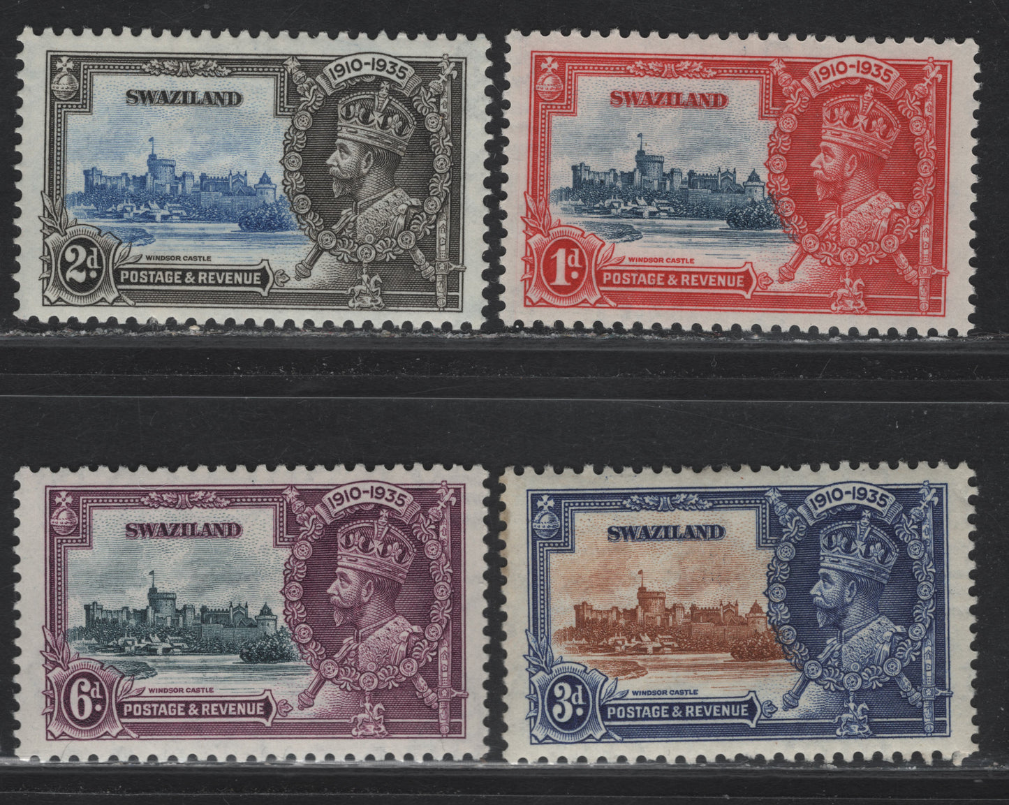Swaziland SG#21-24 1d - 6d Deep Blue & Scarlet - Slate & Purple KGV & Windsor Castle, 1935 Silver Jubilee Issue, 4 VFOG Singles, Basic Hinged Set