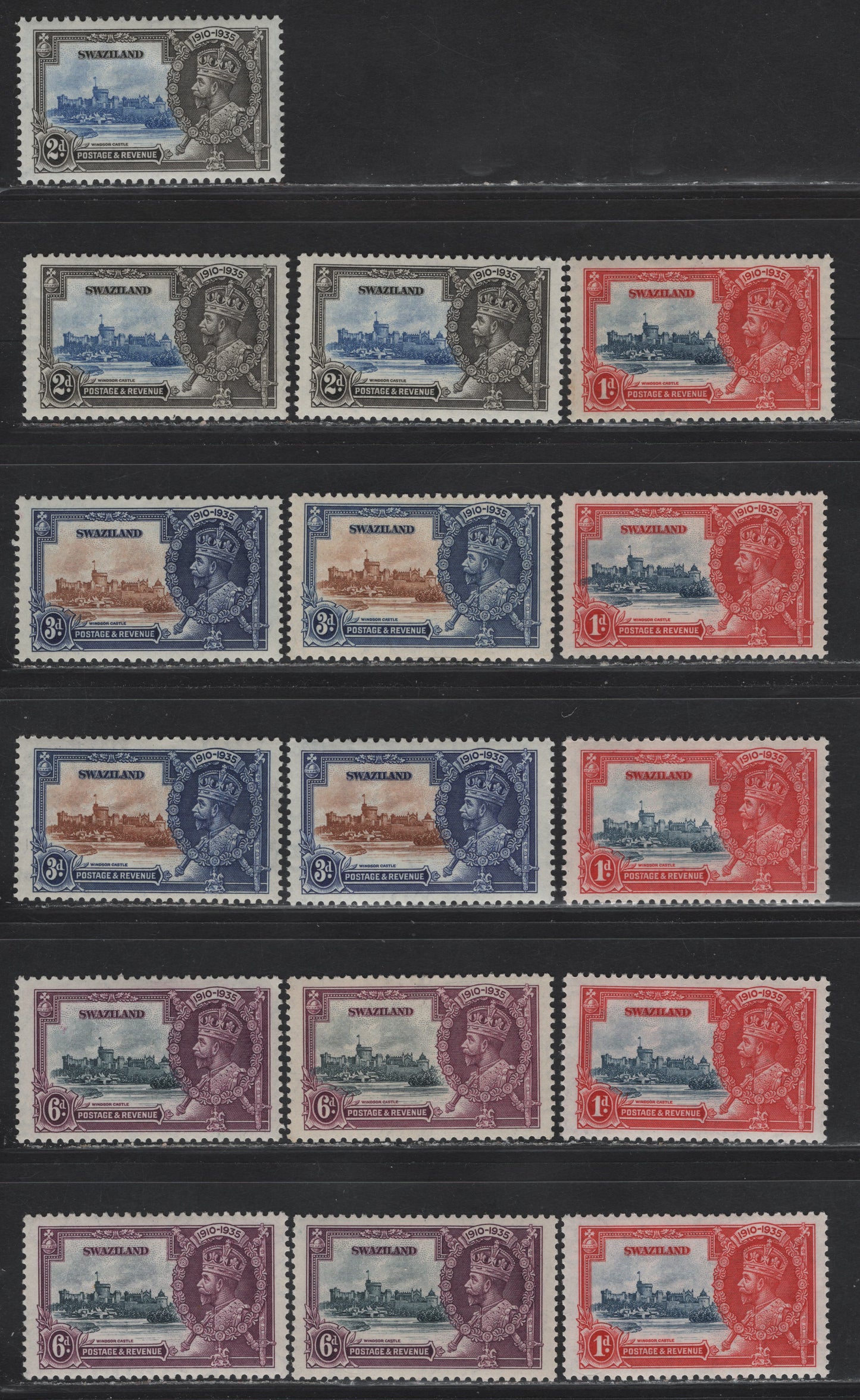 Lot 125 Swaziland SG#21-24 1d - 6d Deep Blue & Scarlet - Slate & Purple KGV & Windsor Castle, 1935 Silver Jubilee Issue, 16 VFOG Singles, Shade Group Showing Between 3 & 5 Different Shade Varieties of Each Value