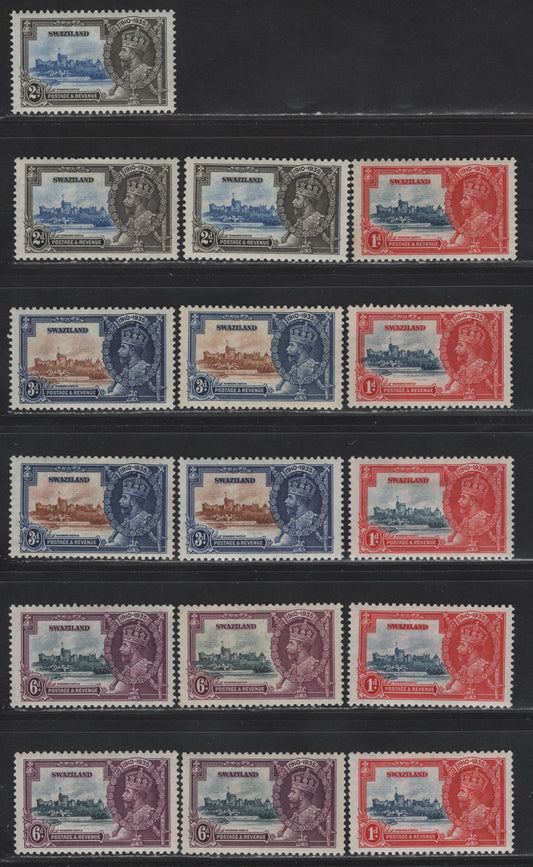 Lot 125 Swaziland SG#21-24 1d - 6d Deep Blue & Scarlet - Slate & Purple KGV & Windsor Castle, 1935 Silver Jubilee Issue, 16 VFOG Singles, Shade Group Showing Between 3 & 5 Different Shade Varieties of Each Value