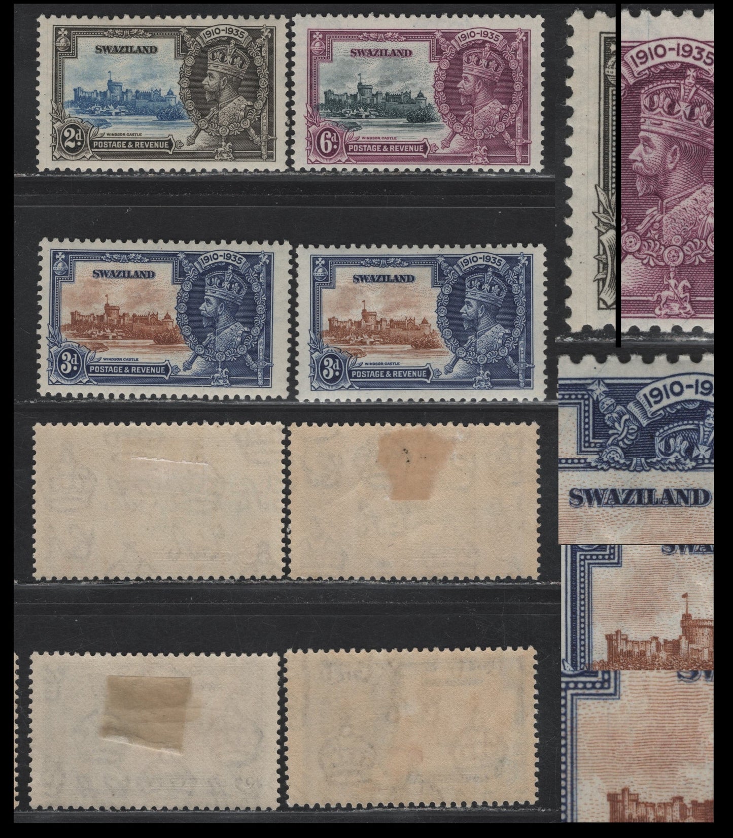 Lot 128 Swaziland SG#22-24var 2d - 6d Ultramarine & Gray Black - Slate & Purple KGV & Windsor Castle, 1935 Silver Jubilee Issue, 4 VFOG Singles, All With Plate Cracks, Involving Both The Frame & Vignette Plates