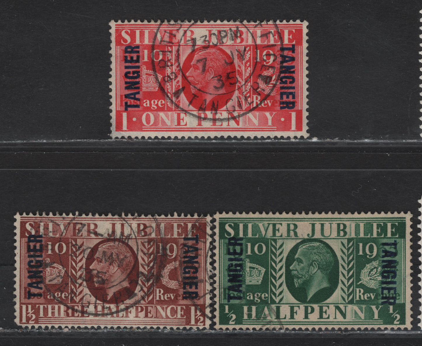 Lot 130 Morocco Agencies - Tangier SG#238-240 1/2d - 1.5d Green - Red Brown KGV & Windsor Castle, 1935 Silver Jubilee Issue, 3 Very Fine Used Singles