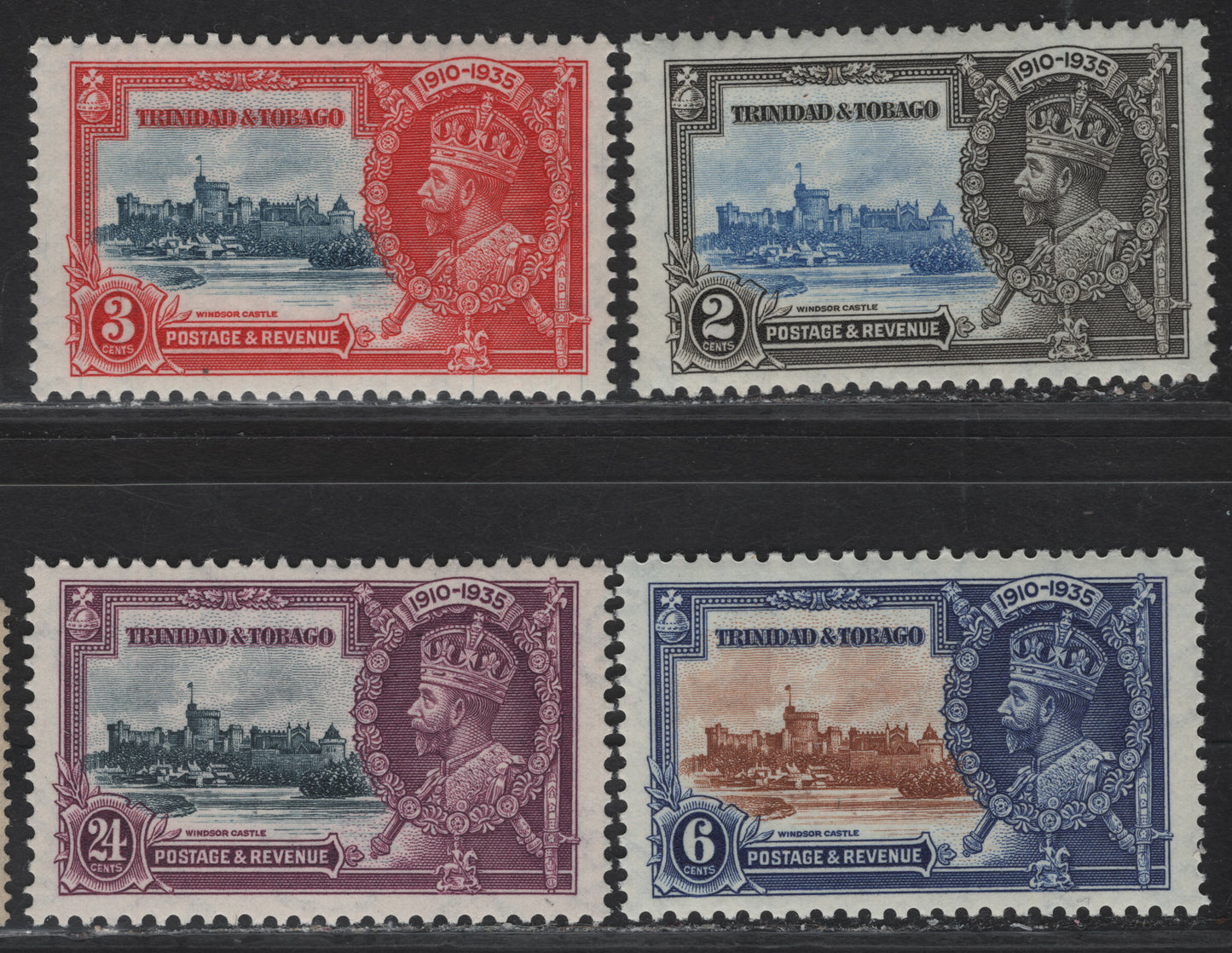 Lot 131 (C) Trinidad & Tobago SG#239-242 2c - 24c Ultramarine & Gray Black - Slate & Purple KGV & Windsor Castle, 1935 Silver Jubilee Issue, 4 VFNH Singles, Well Centered NH Set