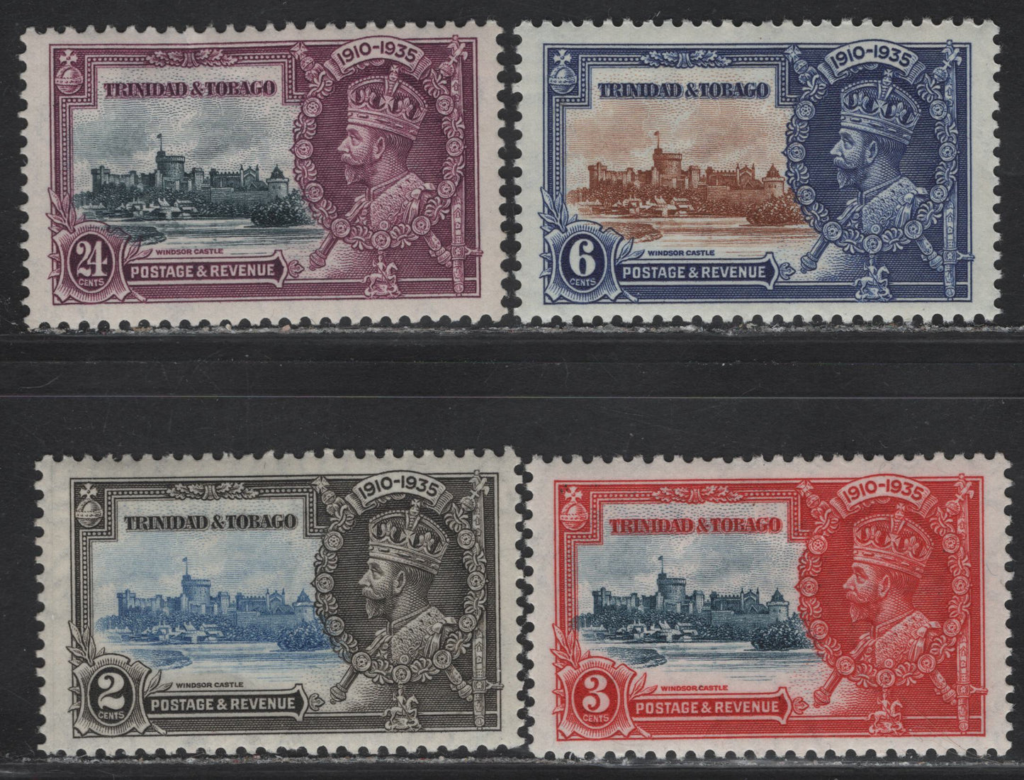 Lot 132 Trinidad & Tobago SG#239-242 2c - 24c Ultramarine & Gray Black - Slate & Purple KGV & Windsor Castle, 1935 Silver Jubilee Issue, 4 VFOG Singles, Well Centered Hinged Set
