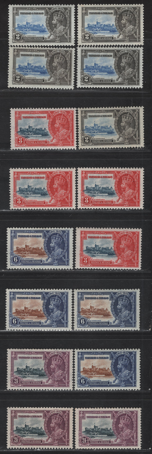Lot 133 Trinidad & Tobago SG#239-242 2c - 24c Ultramarine & Gray Black - Slate & Purple KGV & Windsor Castle, 1935 Silver Jubilee Issue, 4 VFOG Singles, Shade Group Showing 3-5 Different Variations Of The Frame & Vignette Colors