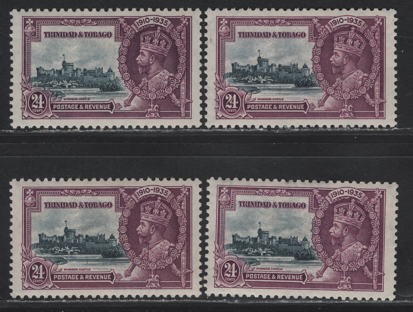 Trinidad & Tobago SG#242 24c Slate & purple KGV & Windsor Castle, 1935 Silver Jubilee Issue, 4 VFOG Singles, 4 Different Shades Of Frame & Vignette, Different From Those Included In 133