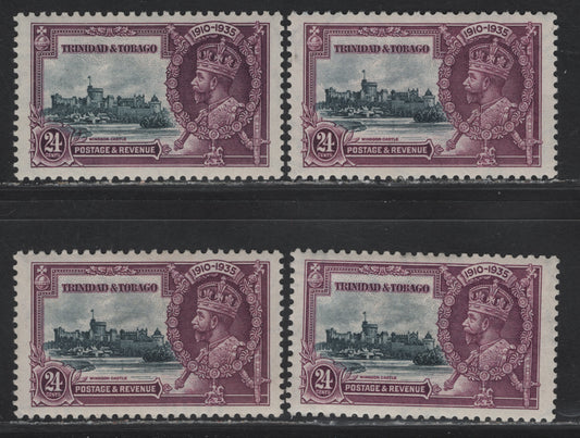 Trinidad & Tobago SG#242 24c Slate & purple KGV & Windsor Castle, 1935 Silver Jubilee Issue, 4 VFOG Singles, 4 Different Shades Of Frame & Vignette, Different From Those Included In 133
