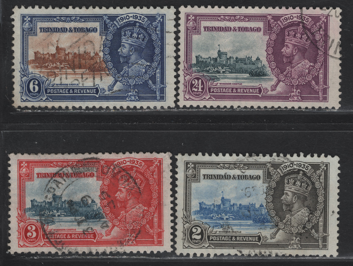 Lot 136 Trinidad & Tobago SG#239-242 2c - 24c Ultramarine & Gray Black - Slate & Purple KGV & Windsor Castle, 1935 Silver Jubilee Issue, 4 Fine/Very Fine Used Singles