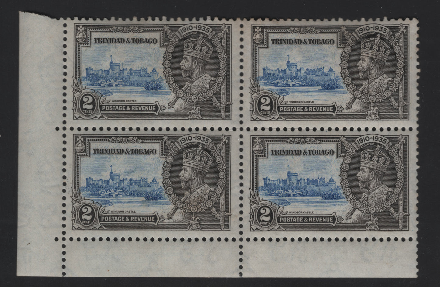 Lot 137 (C) Trinidad & Tobago SG#239a 2c Ultramarine & Gray Black KGV & Windsor Castle, 1935 Silver Jubilee Issue, A FOG LL Block Of 4, Extra Flagstaff on UL Stamp