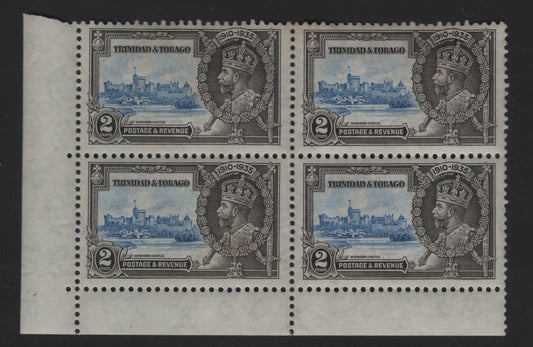 Lot 137 (C) Trinidad & Tobago SG#239a 2c Ultramarine & Gray Black KGV & Windsor Castle, 1935 Silver Jubilee Issue, A FOG LL Block Of 4, Extra Flagstaff on UL Stamp