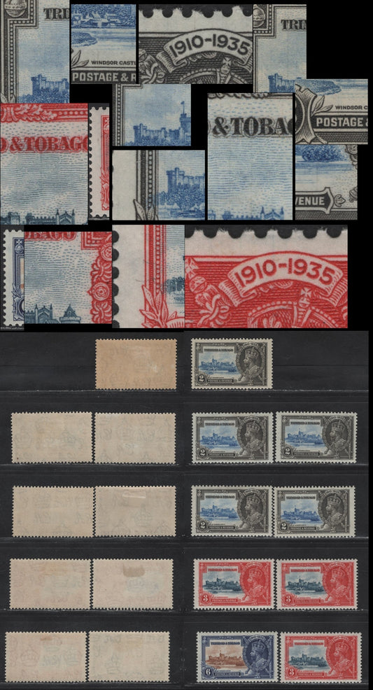 Lot 139 Trinidad & Tobago SG#239-241 2c - 6c Ultramarine & Gray Black - Brown & Deep Blue KGV & Windsor Castle, 1935 Silver Jubilee Issue, 9 F/VFOG Singles, Carious Frame & Vignette Plate Cracks, Showing Partial Or Full Hairlines