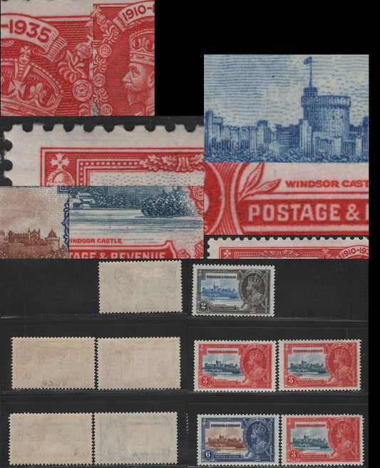 Lot 141 Trinidad & Tobago SG#239-240var 2c - 3c Ultramarine & Gray Black - Deep Blue & Scarlet KGV & Windsor Castle, 1935 Silver Jubilee Issue, 5 F/VFOG Singles, Frame & Vignette Varieties, Many of Which Are Constant