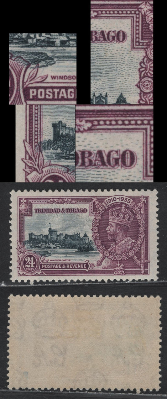 Lot 142 Trinidad & Tobago SG#242var 24c Slate & Purple KGV & Windsor Castle, 1935 Silver Jubilee Issue, 3 VFOG Singles, Frame & Vignette Varieties