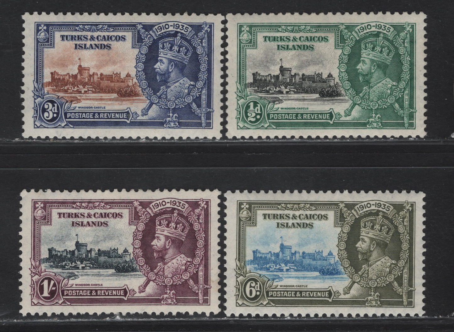 Lot 144 Turks & Caicos SG#187-190 1/2d - 1/- Black & Green - Slate & Purple KGV & Windsor Castle, 1935 Silver Jubilee Issue, 4 VFOG Singles
