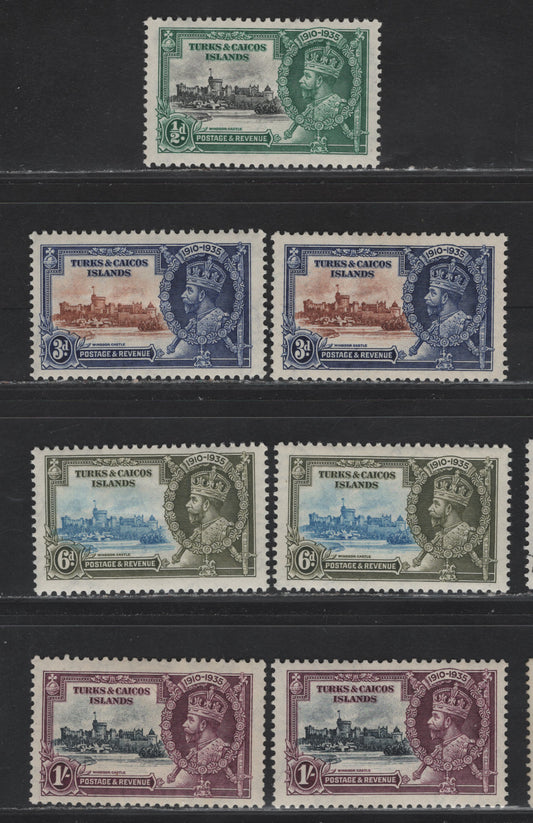 Lot 145 Turks & Caicos SG#187-190 1/2d - 1/- Black & Green - Slate & Purple KGV & Windsor Castle, 1935 Silver Jubilee Issue, 7 VFOG Singles, Shade Lot Consisting of 2 DifferentShades Of Each Value Except The 1/2d