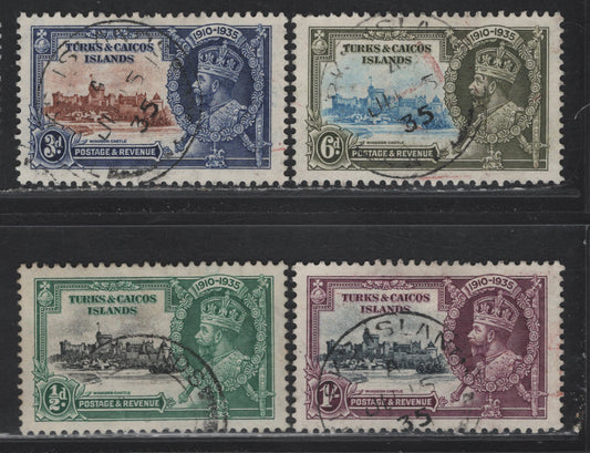 Lot 146 Turks & Caicos SG#187-190 1/2d - 1/- Black & Green - Slate & Purple KGV & Windsor Castle, 1935 Silver Jubilee Issue, 4 Very Fine Used Singles