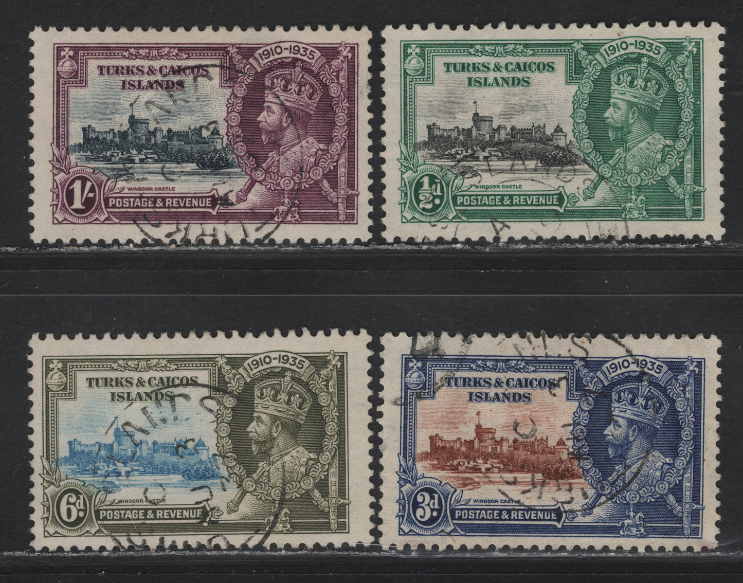 Lot 147 Turks & Caicos SG#187-190 1/2d - 1/- Black & Green - Slate & Purple KGV & Windsor Castle, 1935 Silver Jubilee Issue, 4 Fine/Very Fine Used Singles