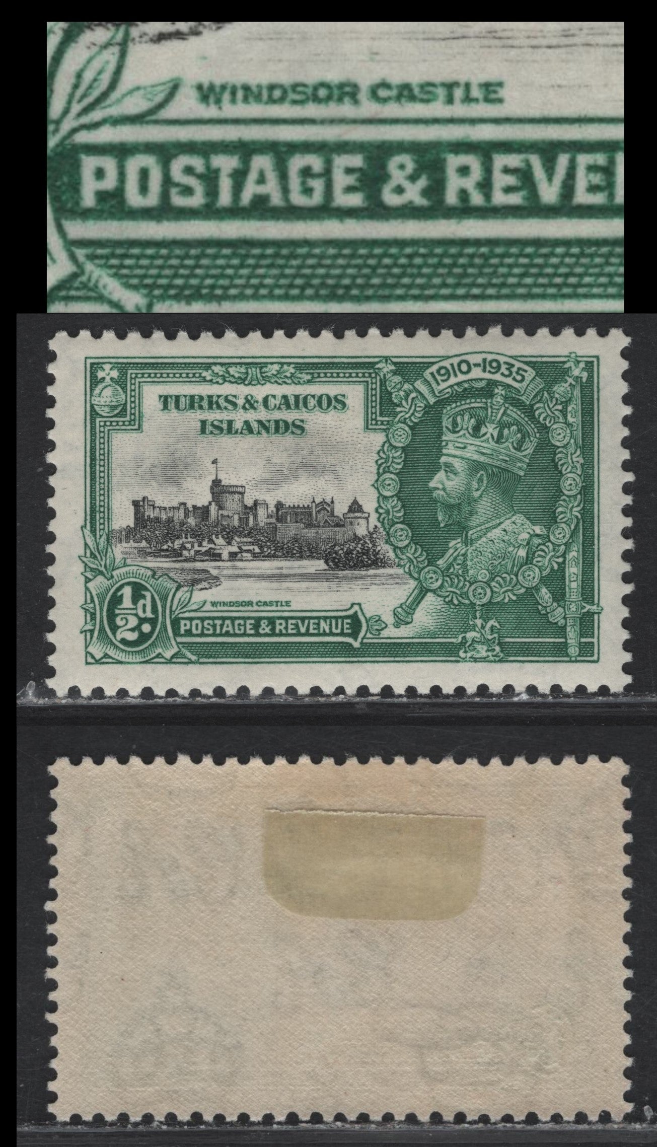 Lot 148 Turks & Caicos SG#187var 1/2d Black & Myrtle Green KGV & Windsor Castle, 1935 Silver Jubilee Issue, A VFOG Single, Re-Entry, Showing Doubling Of 'Windsor Castle' And 'Postage & Rev"