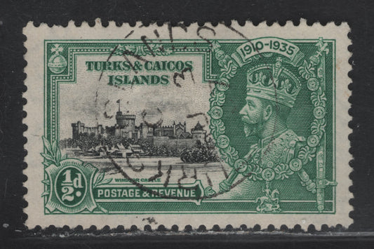 Lot 149 Turks & Caicos SG#187var 1/2d Black & Myrtle Green KGV & Windsor Castle, 1935 Silver Jubilee Issue, A Very Fine Used Single, Re-Entry, Showing Doubling Of 'Windsor Castle' And 'Postage & Revenue"