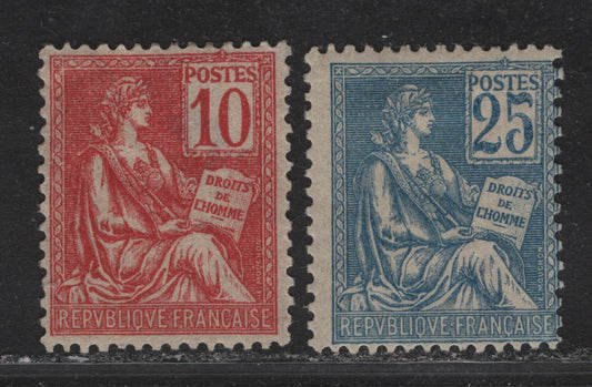 Lot 15 France #116, 119 10c - 25c Carmine - Blue Liberty, Peace & Rights On Man, 1900-1929 Liberty, Peace & Rights On Man Issue, 2 VGOG Singles, 10c Has A Large Hinge Thin, But Is Relatively Well Centered