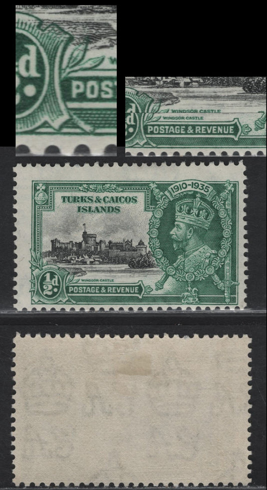 Lot 150 Turks & Caicos SG#187var 1/2d Black & Green KGV & Windsor Castle, 1935 Silver Jubilee Issue, A FOG Single, Major Re-Entry, Showing Doubling Of 'Windsor Castle', 'Postage & Revenue' and Right Edge of Value Tablet Shield