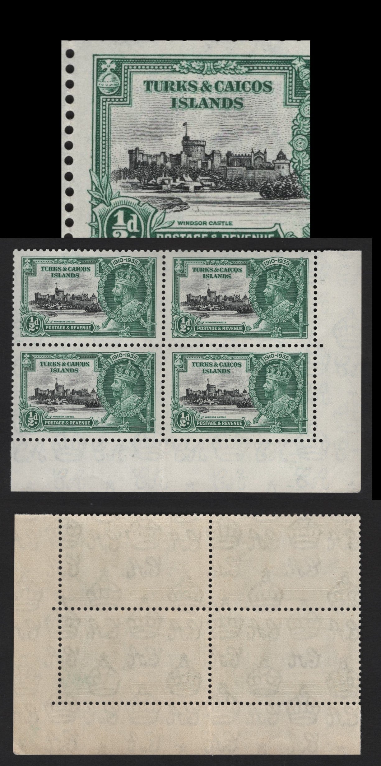 Lot 151 Turks & Caicos SG#187k 1/2d Black & Myrtle Green KGV & Windsor Castle, 1935 Silver Jubilee Issue, A VFNH LR Corner Block Of 4, Plate 2A With Kite & Vertical Log In The LR Corner Block