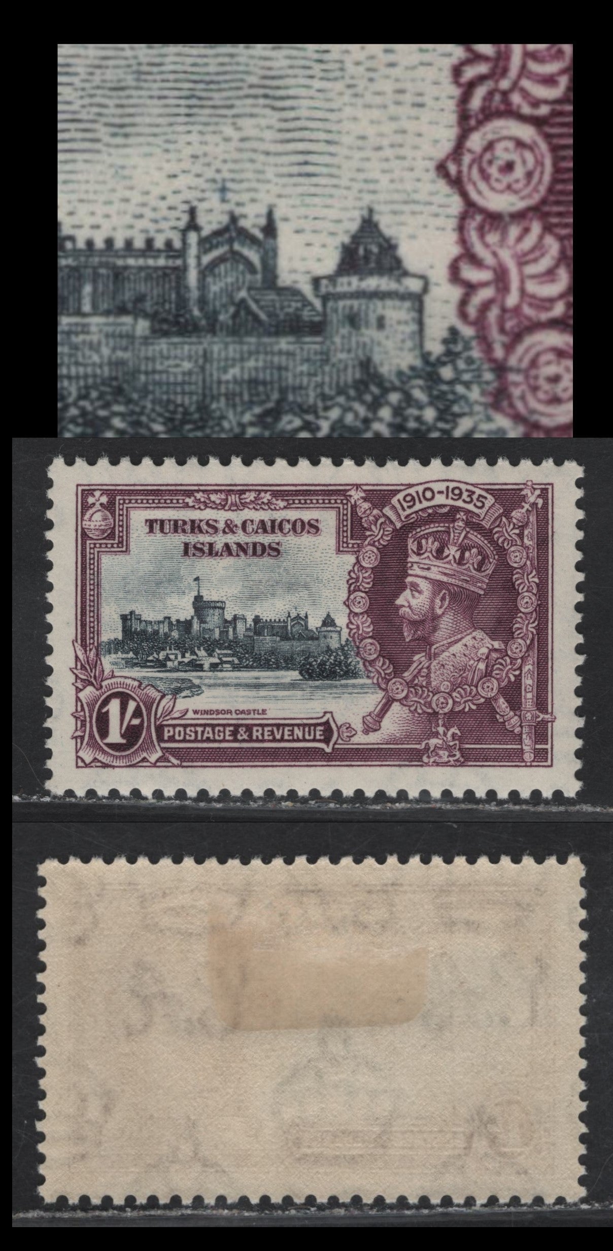 Lot 153 Turks & Caicos SG#190 1/- Slate & Purple KGV & Windsor Castle, 1935 Silver Jubilee Issue, A VFOG Single, Showing Constant Dash Above Chapel, Last Week's Auction Had A few From The Waterlow Sets of Other Colonies