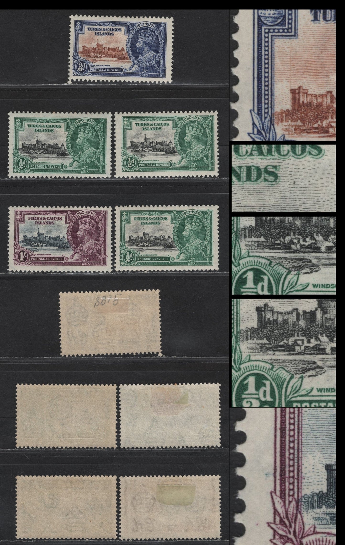Lot 154 Turks & Caicos SG#187var, 188var, 190var 1/2d - 1/- Black & Myrtle Green - Slate & Purple KGV & Windsor Castle, 1935 Silver Jubilee Issue, 5 F/VFOG Singles, Vignette & Frame Plate Or Just Vignette Plate Flaws, Many Being Constant