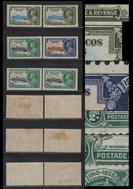 Lot 155 Turks & Caicos SG#187var-189var 1/2d - 6d Black & Myrtle Green - Light Blue & Olive Green KGV & Windsor Castle, 1935 Silver Jubilee Issue, 6 VFOG Singles, Frame Plate Flaws, Some of Which Are Constant
