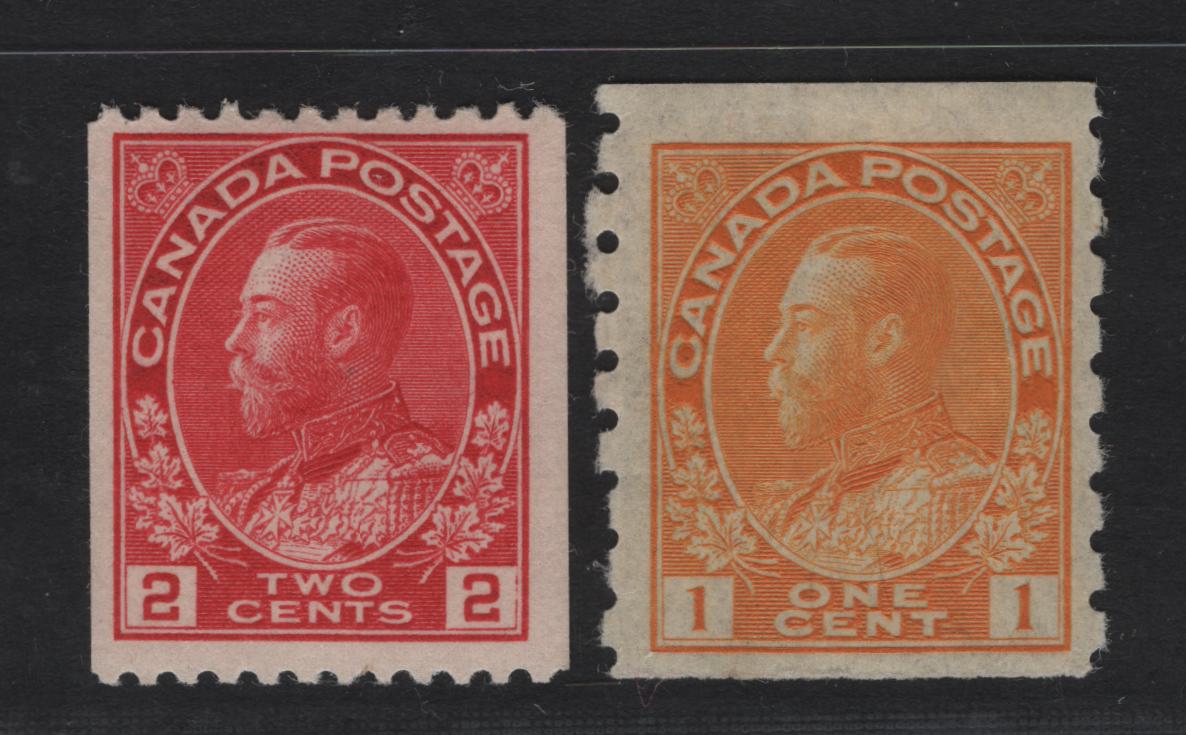 Lot 160 (C) Canada #126, 132 1c - 2c Orange Yellow - Bright Rose Red King George V, 1912-1924 Admiral Coil Issues, 2 FOG Coil Singles, Papers ABN-I (1c) & ABN-E (2c), Perfs 8 Vertically & 12 Horizontally