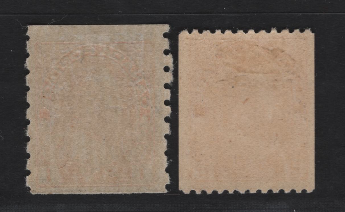 Lot 160 (C) Canada #126, 132 1c - 2c Orange Yellow - Bright Rose Red King George V, 1912-1924 Admiral Coil Issues, 2 FOG Coil Singles, Papers ABN-I (1c) & ABN-E (2c), Perfs 8 Vertically & 12 Horizontally