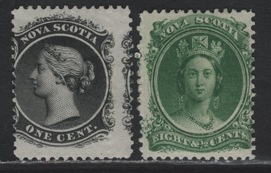 Lot 161 (C) Nova Scotia #8a, 11 1c -8c Black & Green King George V, 1860-1863 Queen Victoria Issue, 2 VG/FOG Singles, Paper Cents-N, Perfs 11.9x12 & 11.75