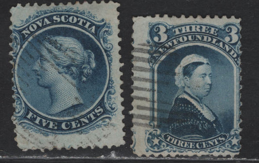 Lot 162 (C) Nova Scotia & Newfoundland #10, 34 5c - 3c Blue Queen Victoria, 1860-1894 Queen Victoria - Cents Issues, 2 Good/Very Good Used Singles, Papers Cents-N (5c) & Cents-BB (3c), Perfs 12.2 & 12.1
