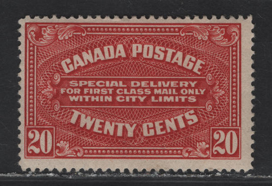 Lot 164 Canada #E2a 20c Carmine Special Delivery, 1922 Special Delivery Issue, A FOG Single, Paper ABN-B, Perf 12
