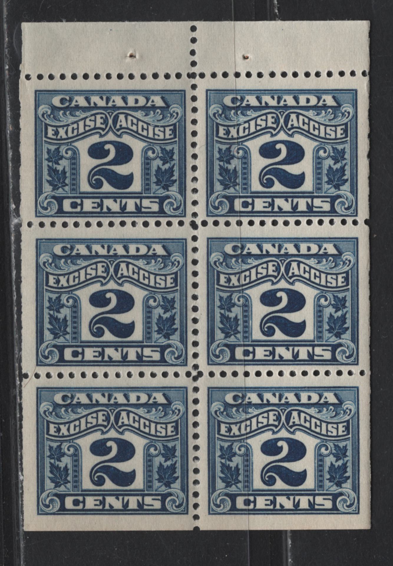 Lot 167 Canada Van Dam#FX36 2c Blue Numeral, 1915-1928 Two Leaf Excise Tax Issue, A VFNH Booklet Pane Of 6, Paper ABN-M, Dry Printing