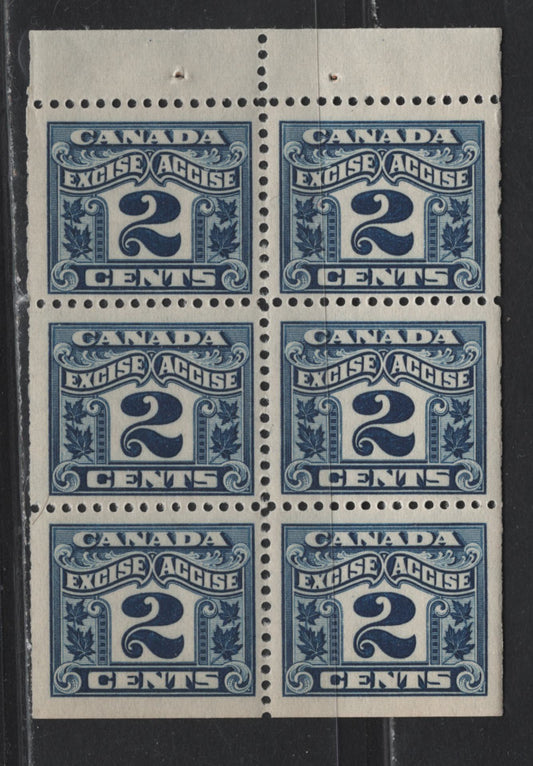 Lot 167 Canada Van Dam#FX36 2c Blue Numeral, 1915-1928 Two Leaf Excise Tax Issue, A VFNH Booklet Pane Of 6, Paper ABN-M, Dry Printing