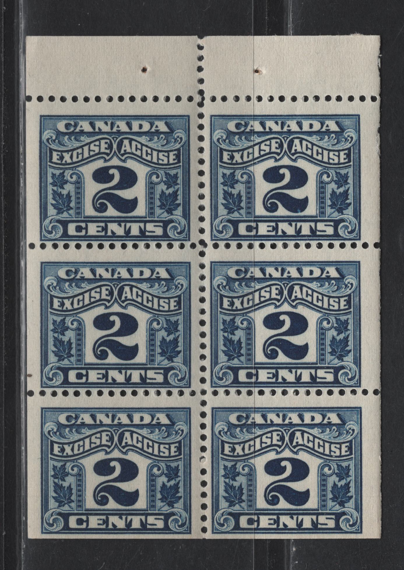 Lot 168 Canada Van Dam#FX36 2c Blue Numeral, 1915-1928 Two Leaf Excise Tax Issue, A FNH Booklet Pane Of 6, Dry Printing