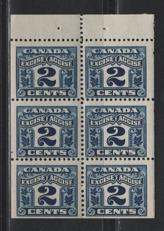 Lot 168 Canada Van Dam#FX36 2c Blue Numeral, 1915-1928 Two Leaf Excise Tax Issue, A FNH Booklet Pane Of 6, Dry Printing