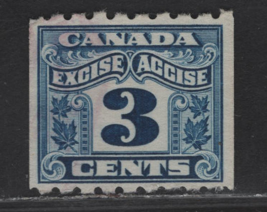 Lot 170 Canada Van Dam#FX47 3c Blue Numeral, 1915-1928 Two Leaf Excise Tax Issue, A Very Fine Used Coil Singles, Perf 8 Horizontal