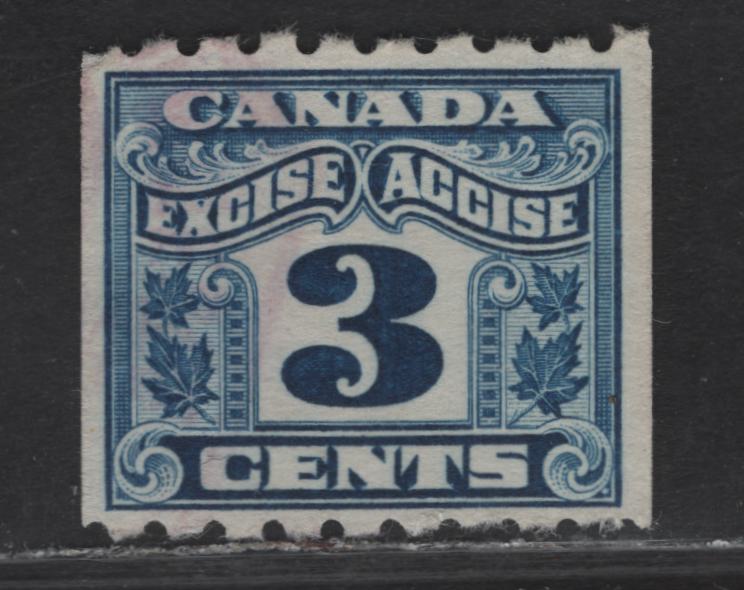 Canada Van Dam#FX47 3c Blue Numeral, 1915-1928 Two Leaf Excise Tax Issue, A Very Fine Used Coil Singles, Perf 8 Horizontal